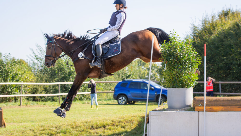 Skyline Cup Geländestreck Sprung mit Pferd abwärts